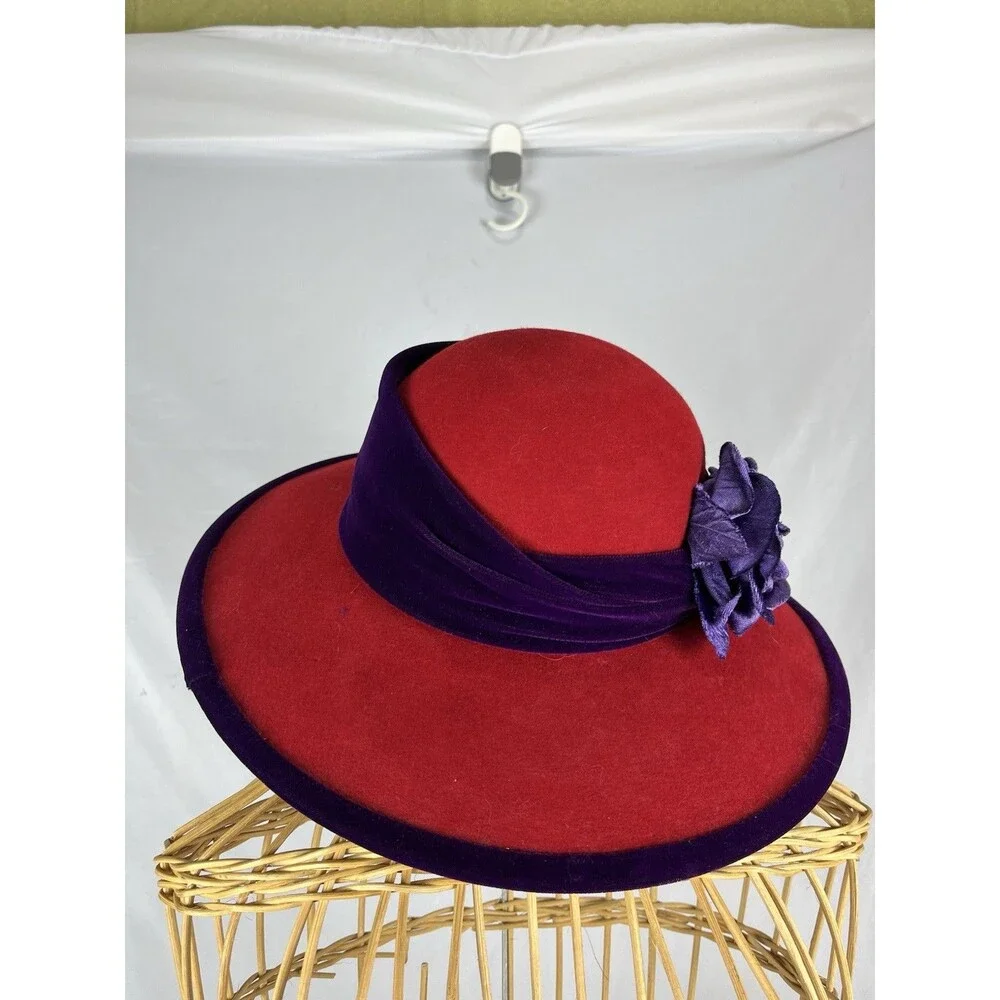 Scala Vintage Red Wool Wide Brim Hat Purple Trim Flower Church Derby Tea